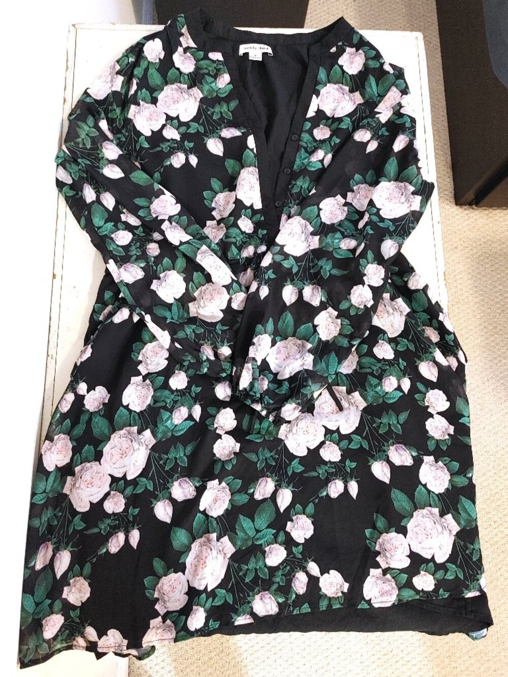 size 16 black Wendy Bird sheer mini dress with floral print and long sleeves